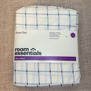 Room Essentials Twin Sheet‎ Set Blue Grid Microfiber Twin XL Compatible NWT